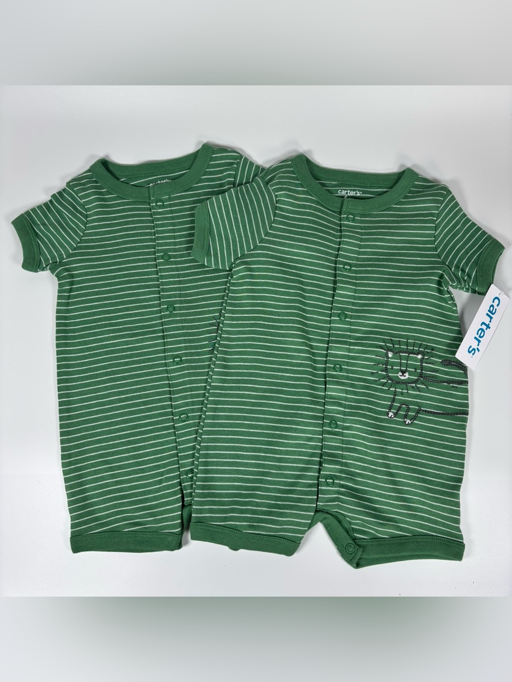 Set of 2 Carter’s Baby Boy Lion Striped Green Rompers NWT 6M Matching Pair Twins